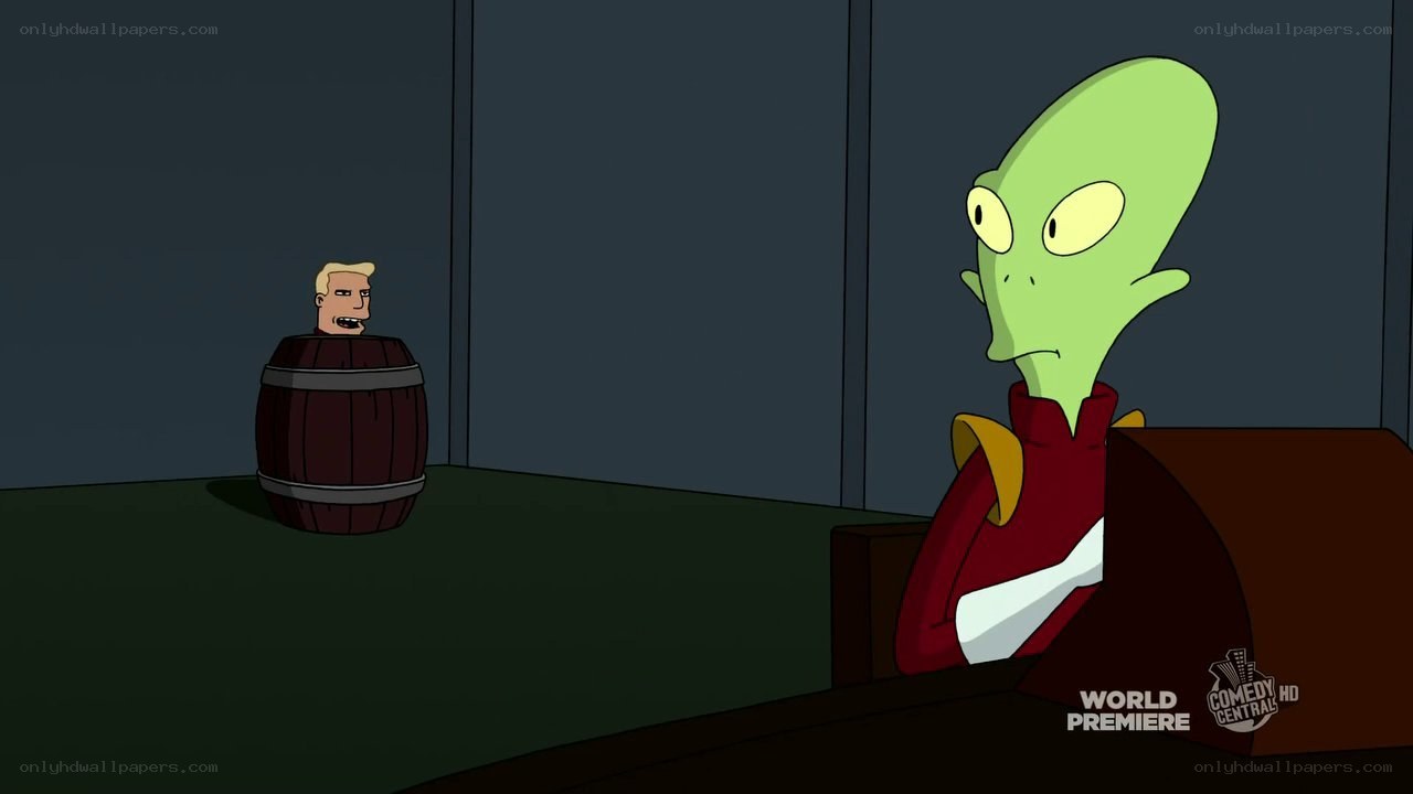 alien and man in barrel