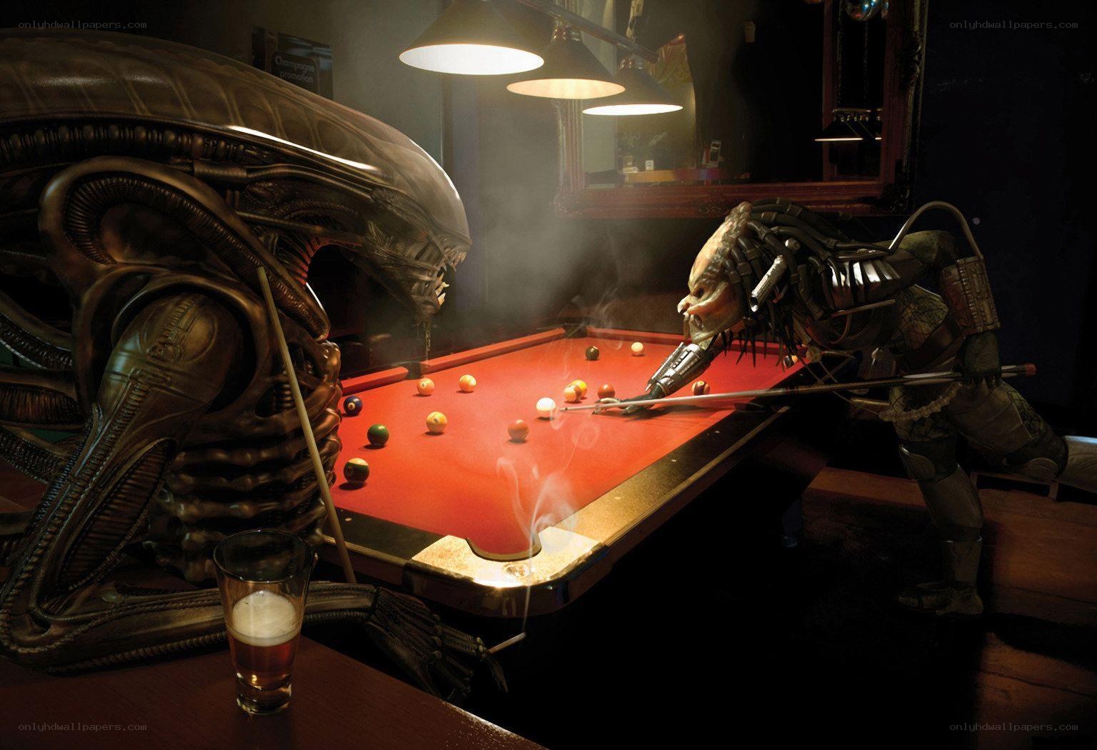 Alien and Predator playing pool