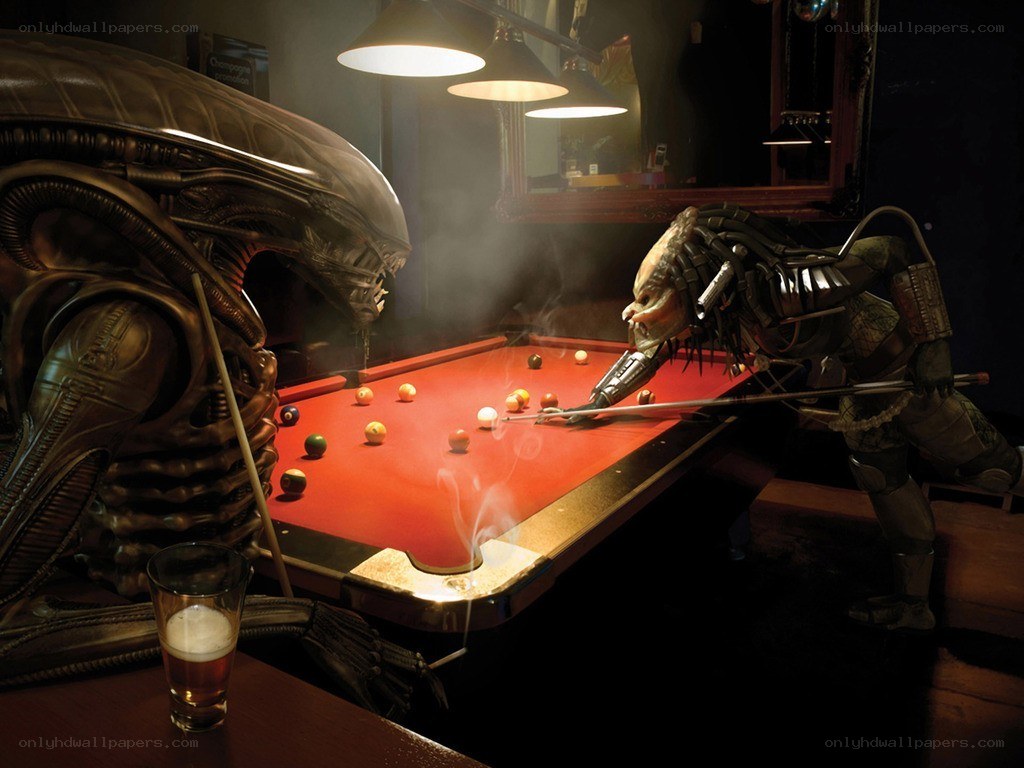 Alien and Predator playing pool