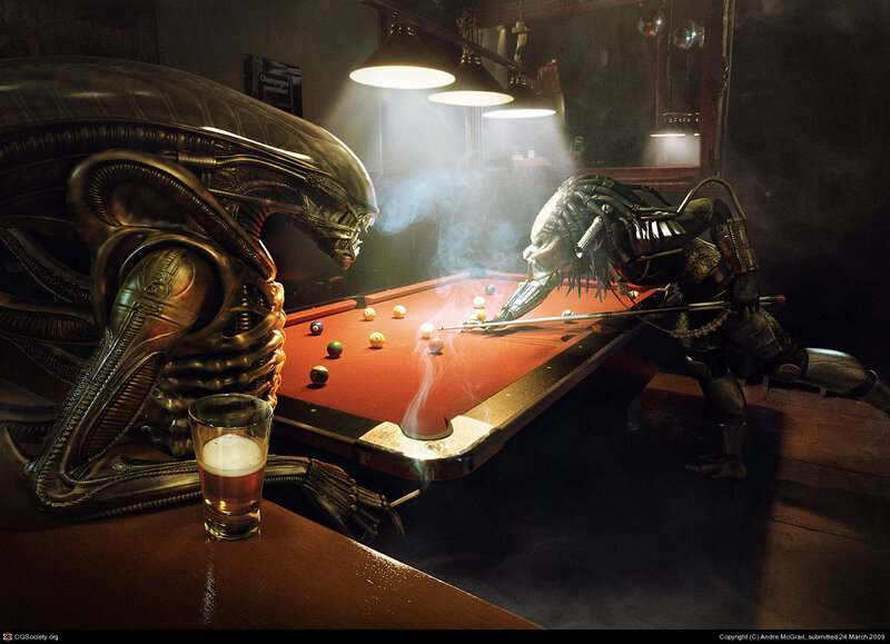 Alien and Predator playing pool