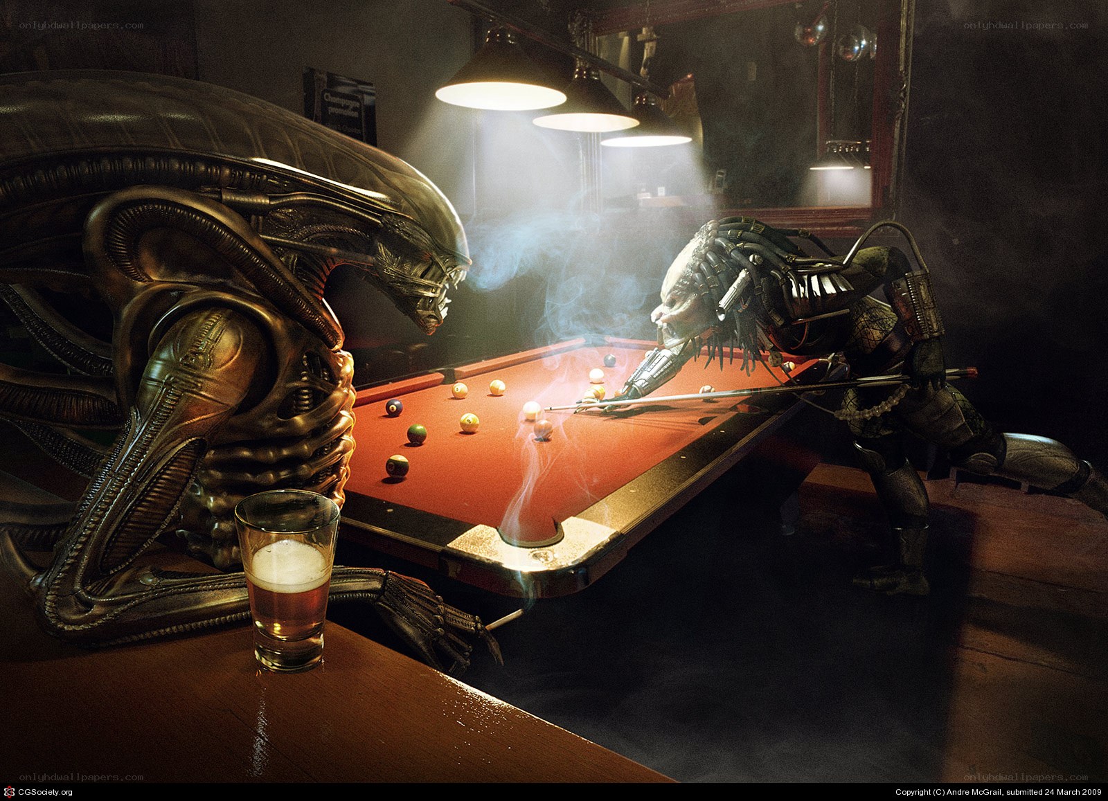 Alien and Predator playing pool