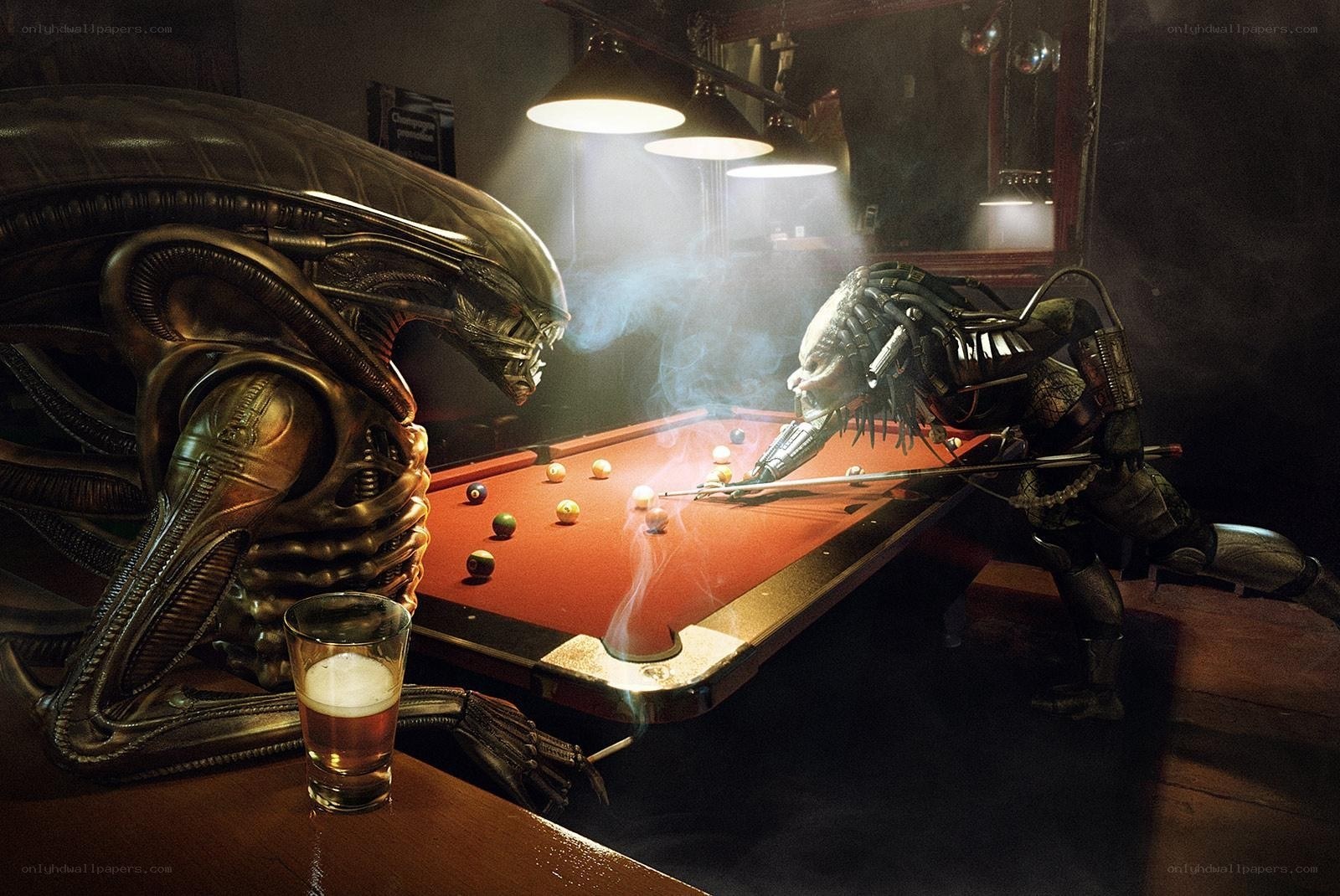 Alien and Predator playing pool