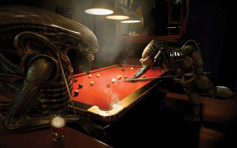 Alien and Predator Playing Pool — Black, Dramatic, Night, Digital Art, Pool Table, Billiard Balls