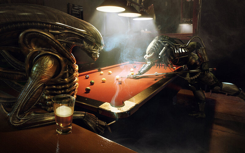 Alien and Predator Playing Pool — Black, Dramatic, Night, Digital Art, Pool Table