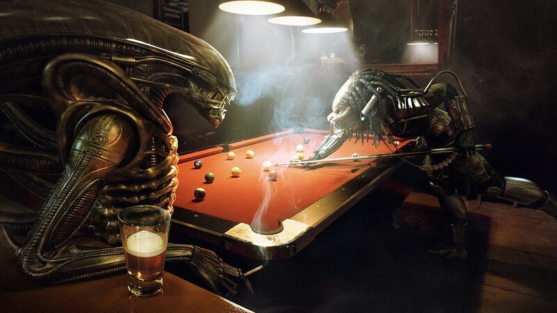 Alien and Predator Playing Pool — Black, Dramatic, Night