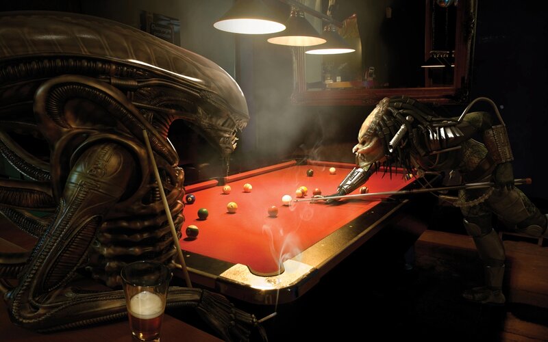 Alien and Predator Playing Pool — Black, Dramatic