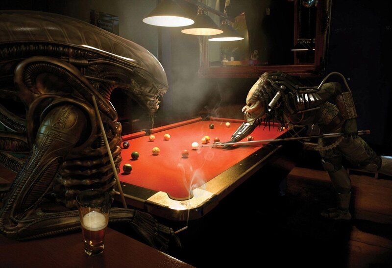 Alien and Predator Playing Pool — Red, Dramatic, Night, Digital Art, Pool Table, Billiard Balls, Beer Glass, Black
