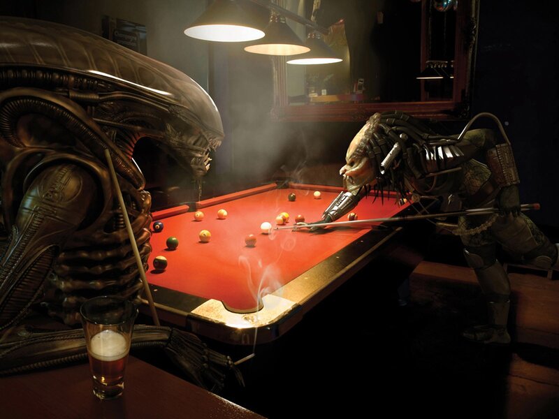Alien and Predator Playing Pool — Red, Dramatic, Night, Digital Art, Pool Table, Billiard Balls, Beer Glass