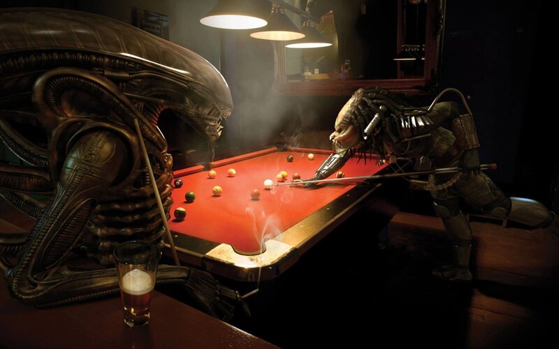 Alien and Predator Playing Pool — Red, Dramatic, Night, Digital Art, Pool Table, Billiard Balls