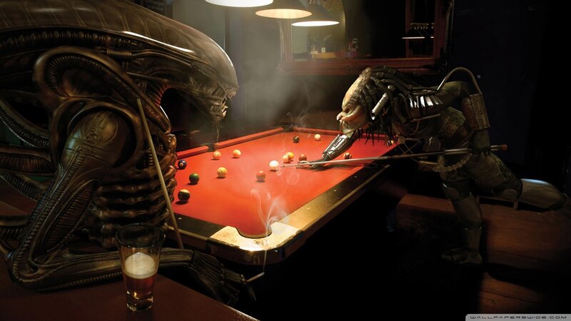 Alien and Predator Playing Pool — Red, Dramatic, Night, Digital Art, Pool Table, Billiards Balls