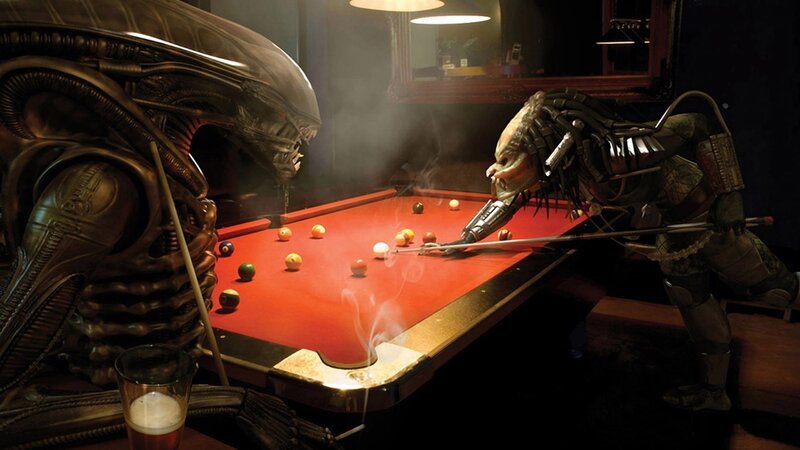 Alien and Predator Playing Pool — Red, Dramatic, Night, Digital Art, Pool Table, Billiards, Smoke, Black