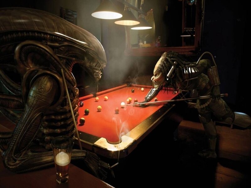 Alien and Predator Playing Pool — Red, Dramatic, Night, Digital Art, Pool Table