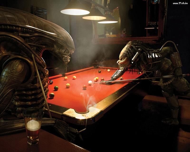 Alien and Predator Playing Pool — Red, Dramatic, Night