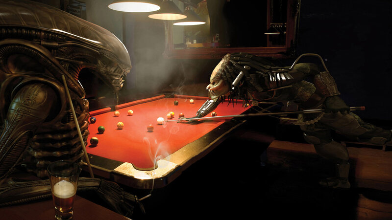 Alien and Predator Playing Pool — Red