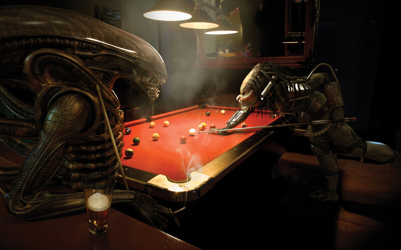 Alien and Predator playing pool
