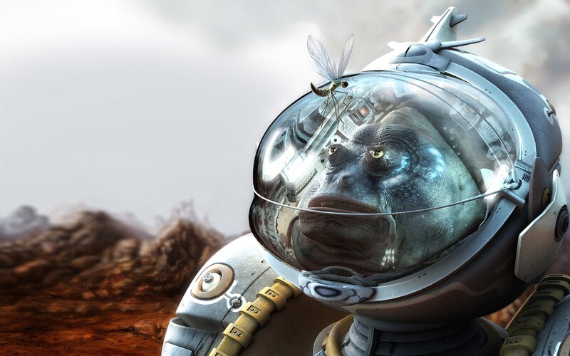 Alien Astronaut with Insect — Gray, Dramatic, Digital Art, Space Suit