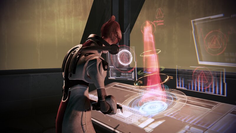 alien at a holographic console