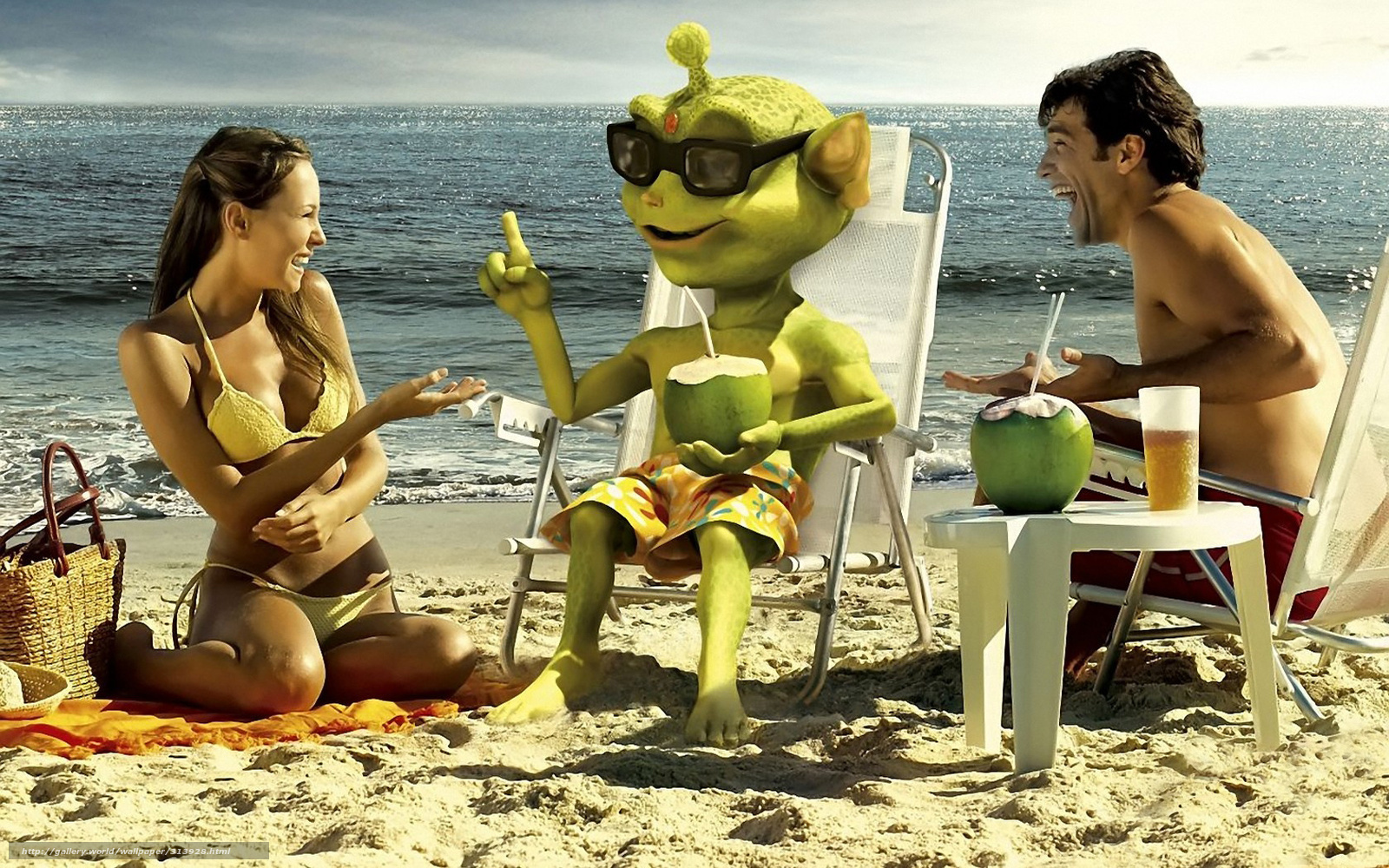 Alien at the beach with couple