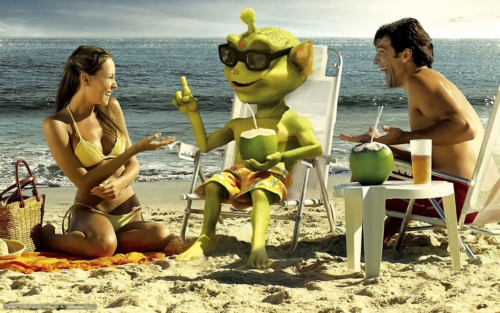 Alien at the beach with couple