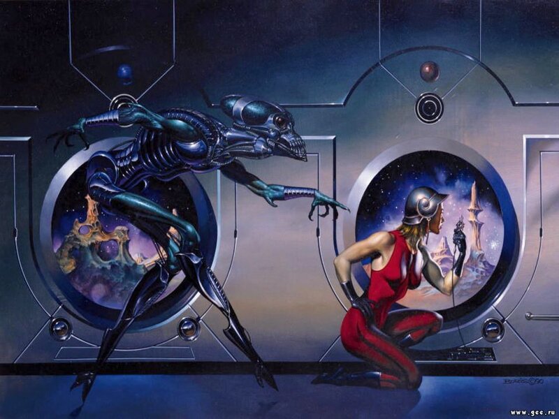 Alien Attacking Woman — Blue
