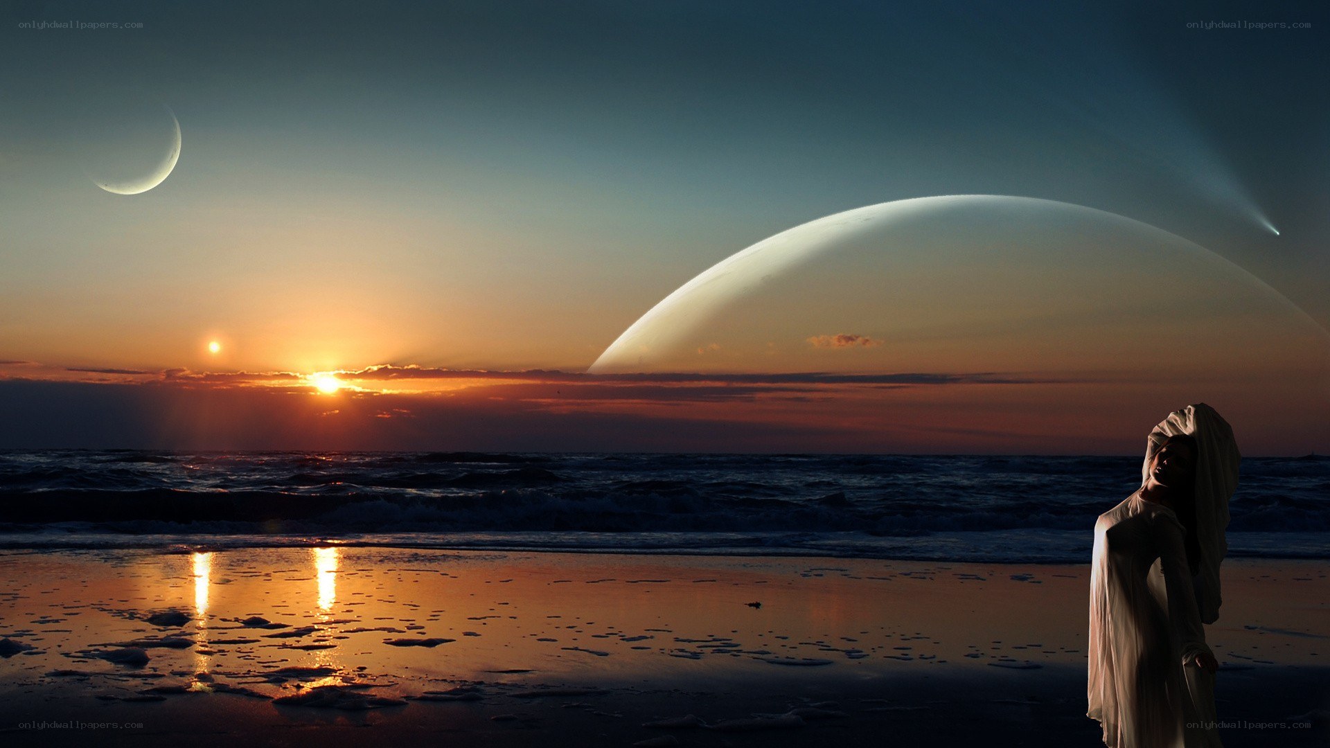 alien beach sunset scene