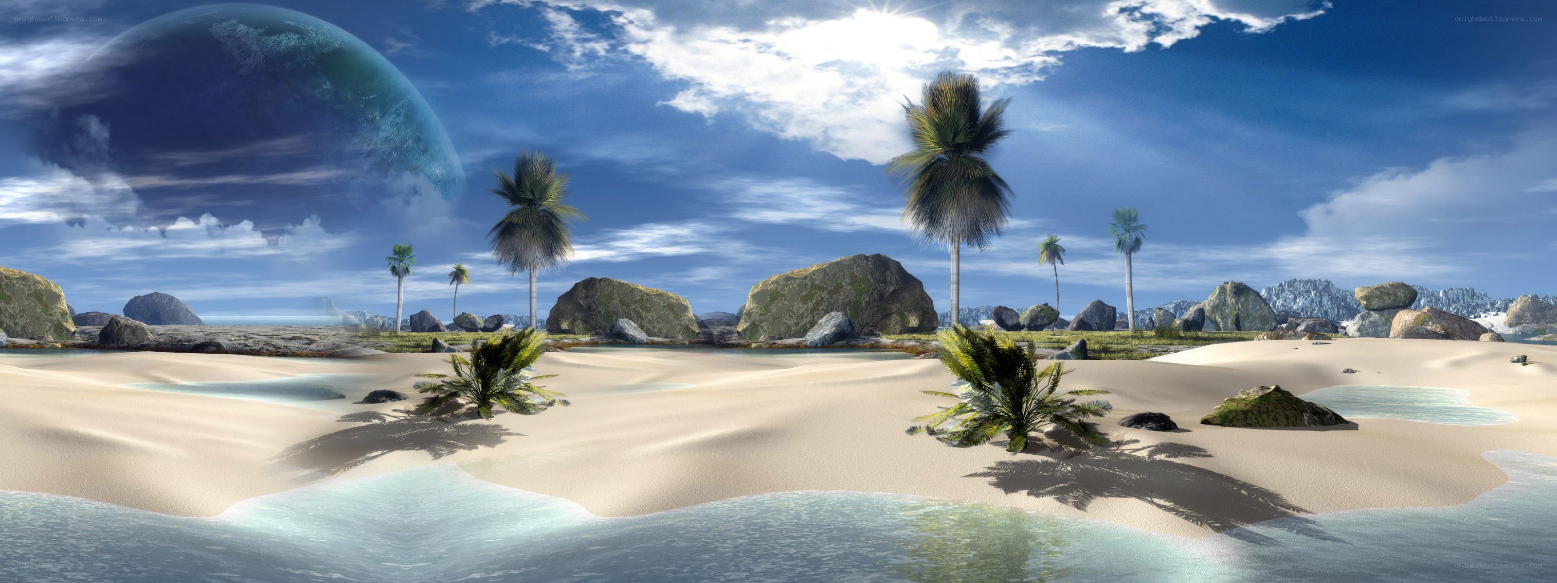 alien beach with giant planet