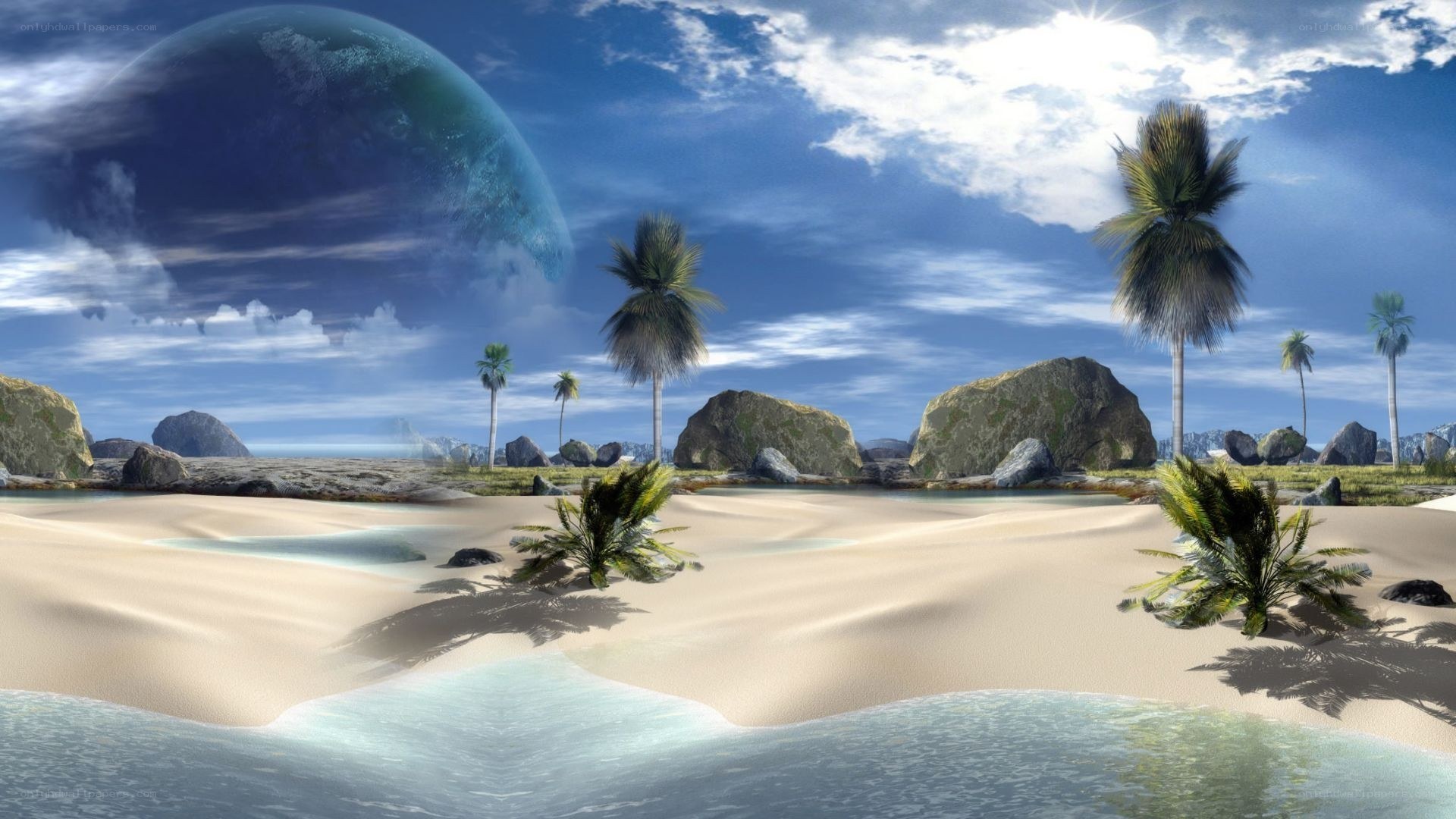 alien beach with giant planet