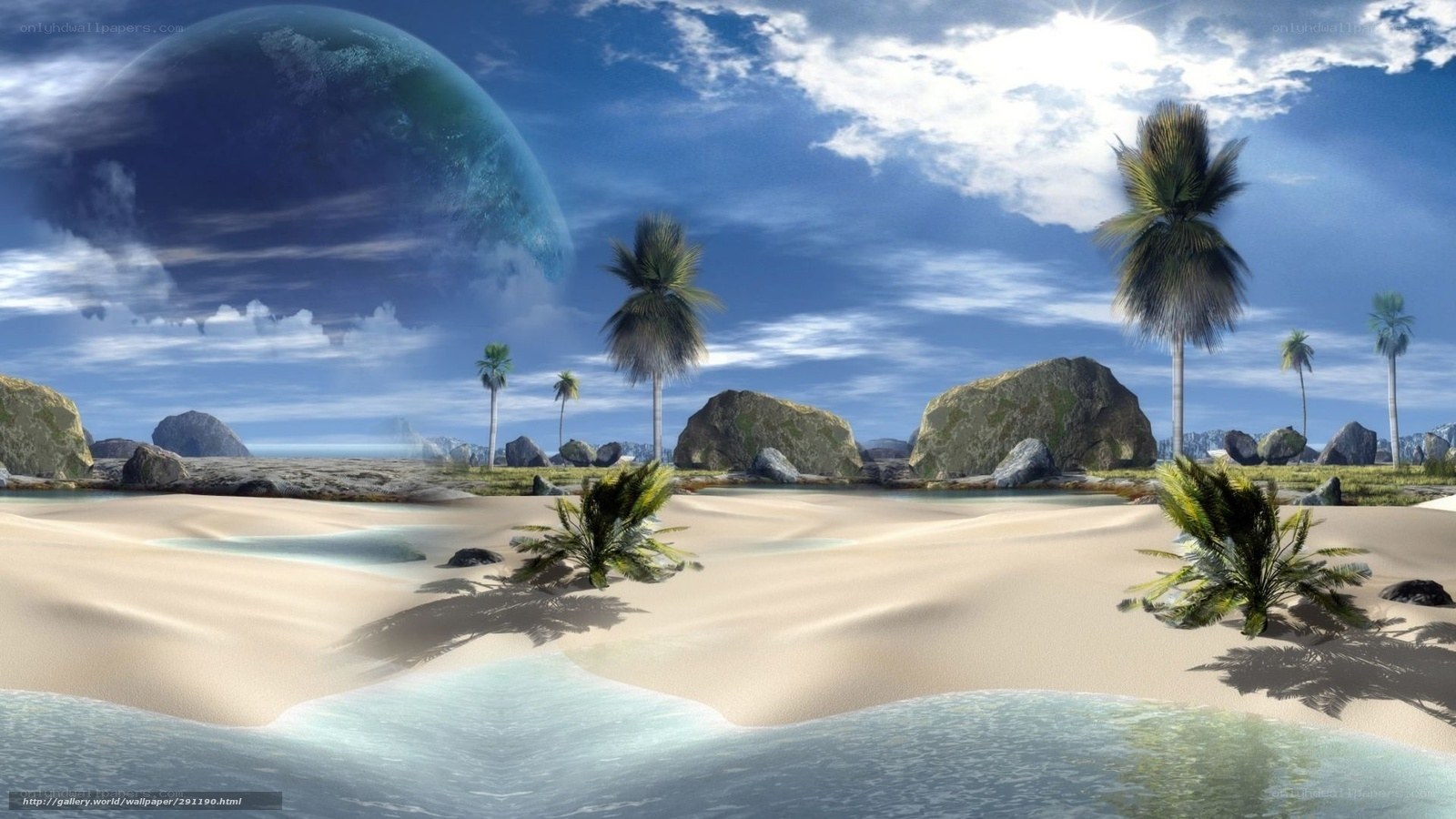 alien beach with giant planet