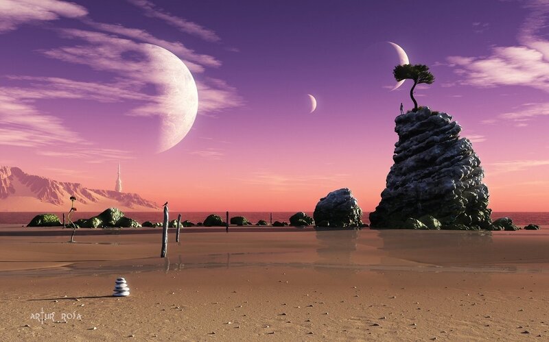 Alien beach with multiple moons
