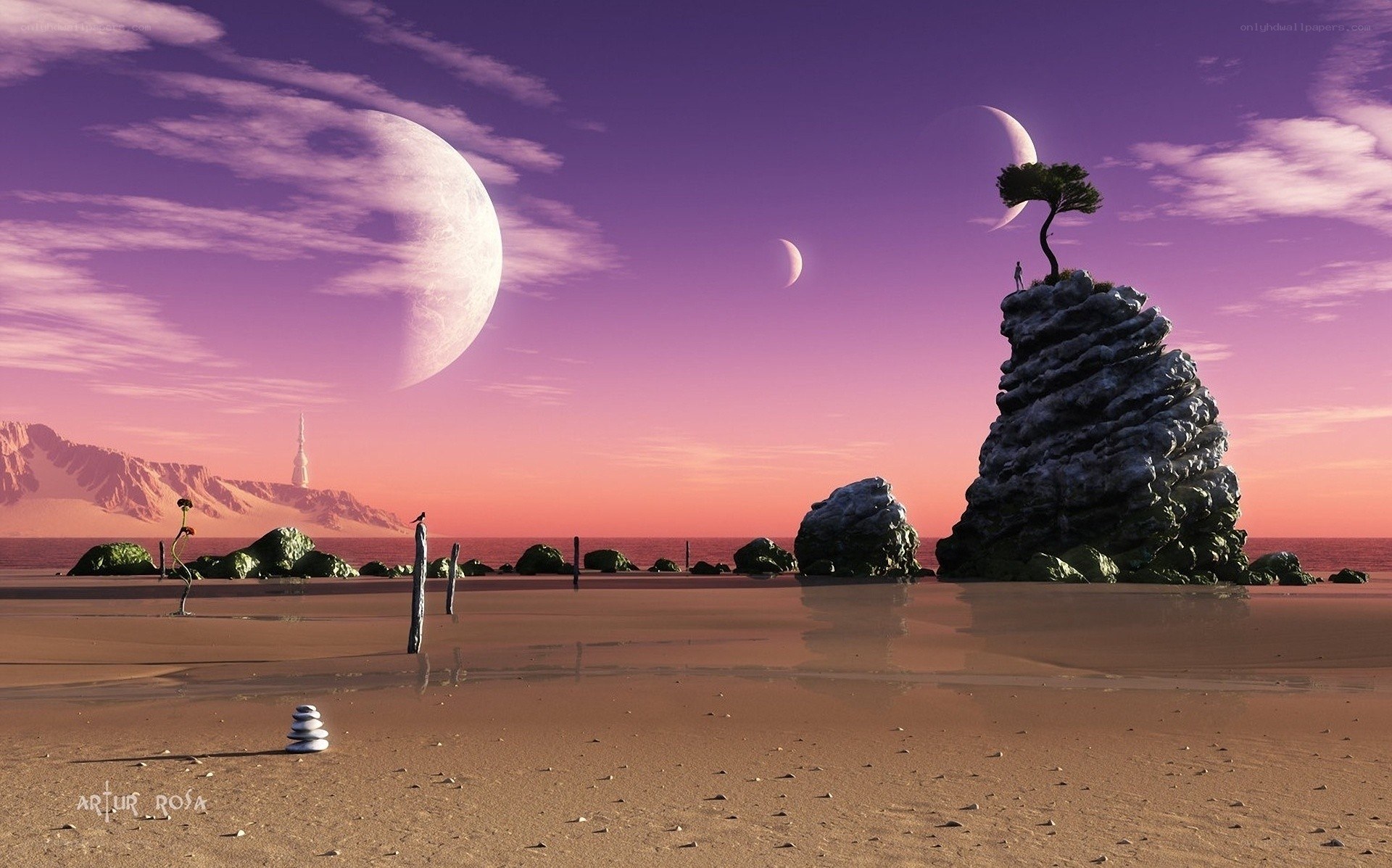 Alien beach with multiple moons