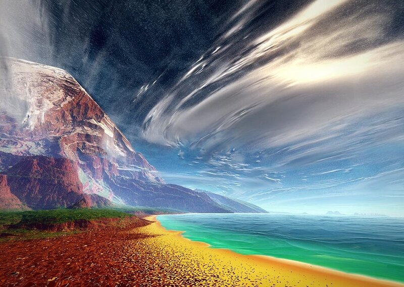 alien beach with swirling sky