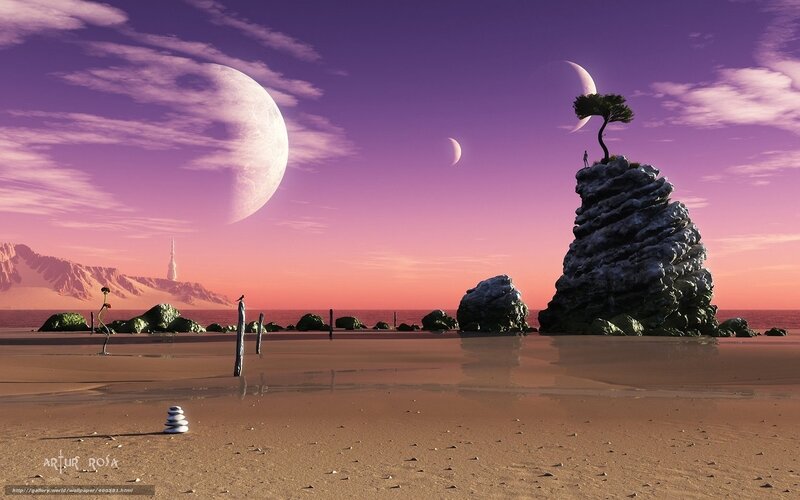 Alien beach with three moons