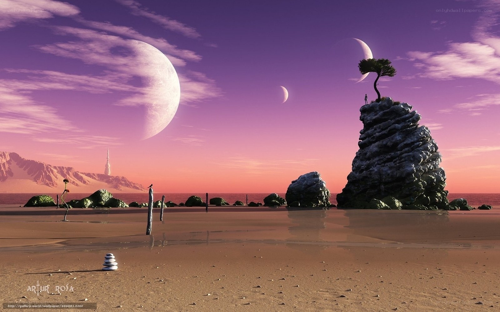 Alien beach with three moons