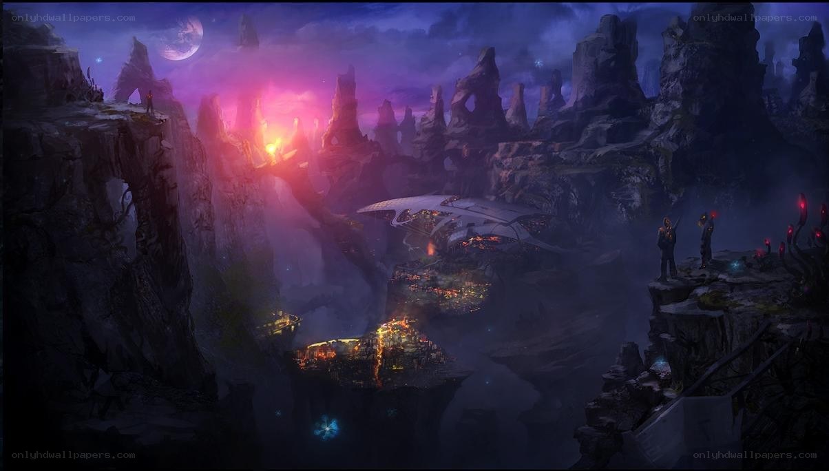 alien canyon with glowing city