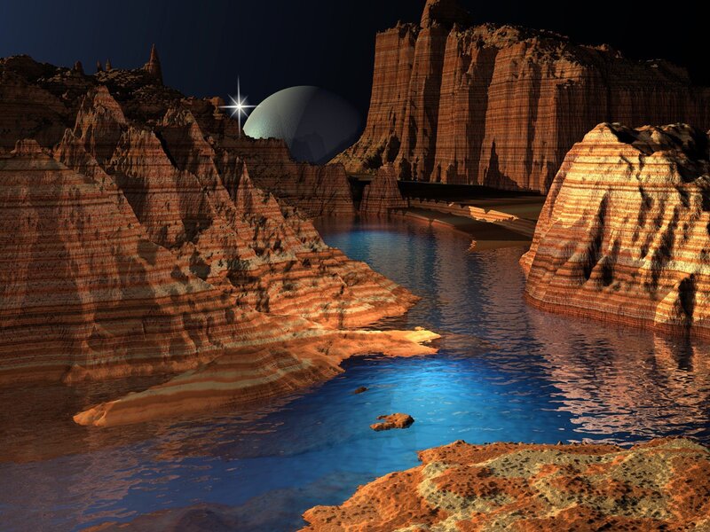 Alien canyon with glowing moon