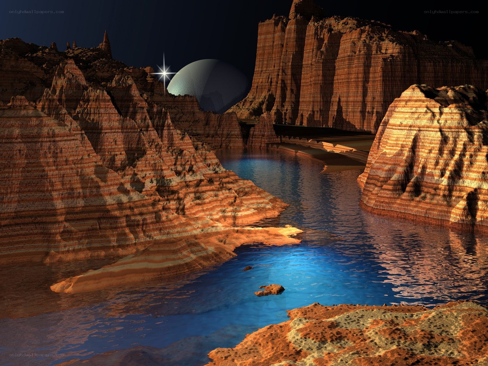 Alien canyon with glowing moon