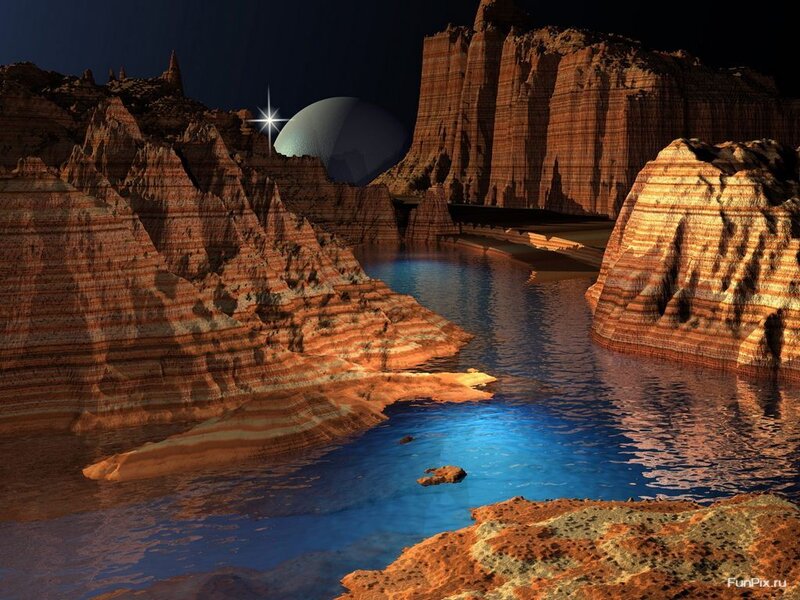 alien canyon with glowing water