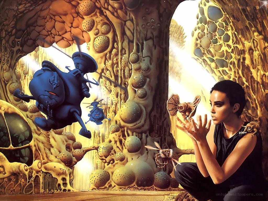 alien cave with robotic creatures