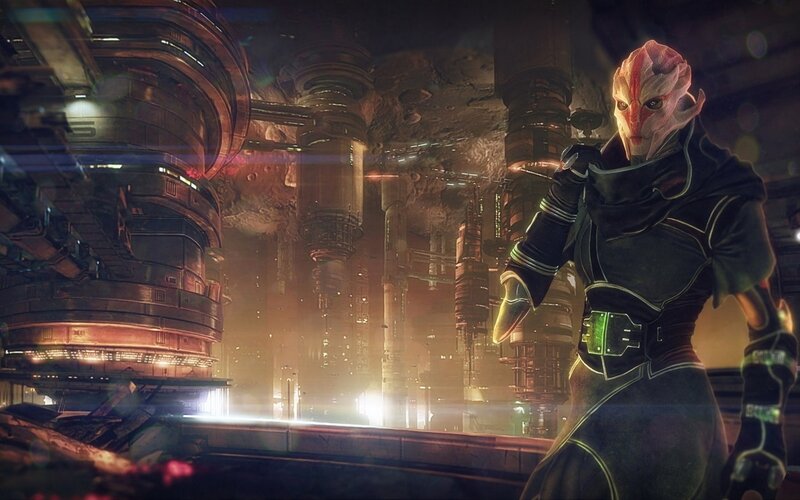 alien character in sci-fi city