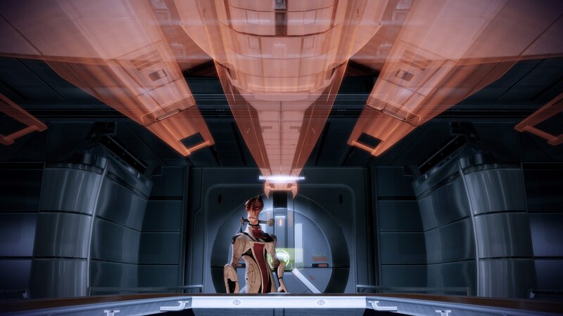 alien character in spaceship corridor