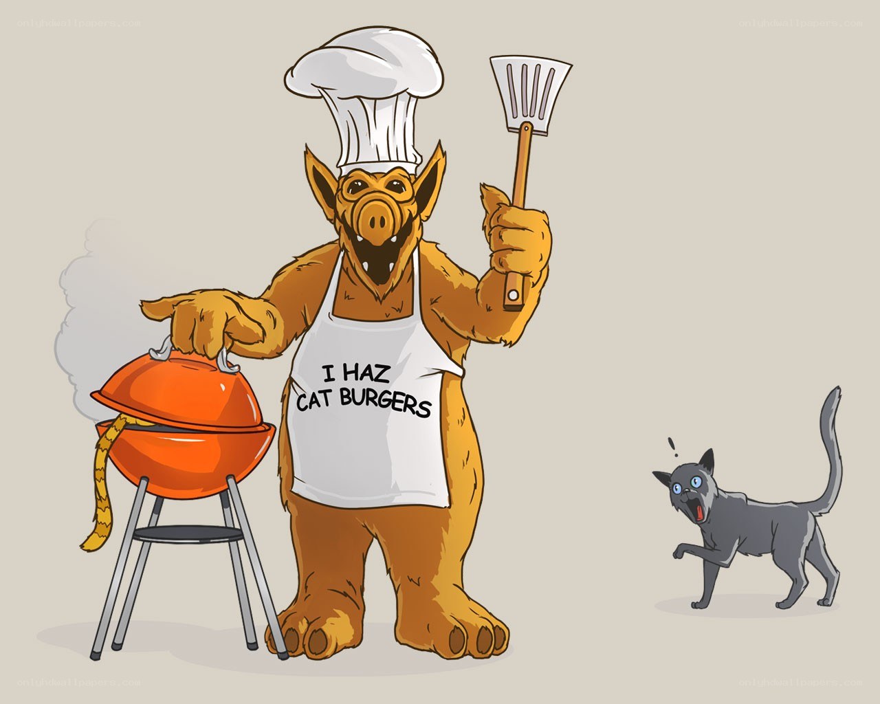 Alien chef grilling cat burgers