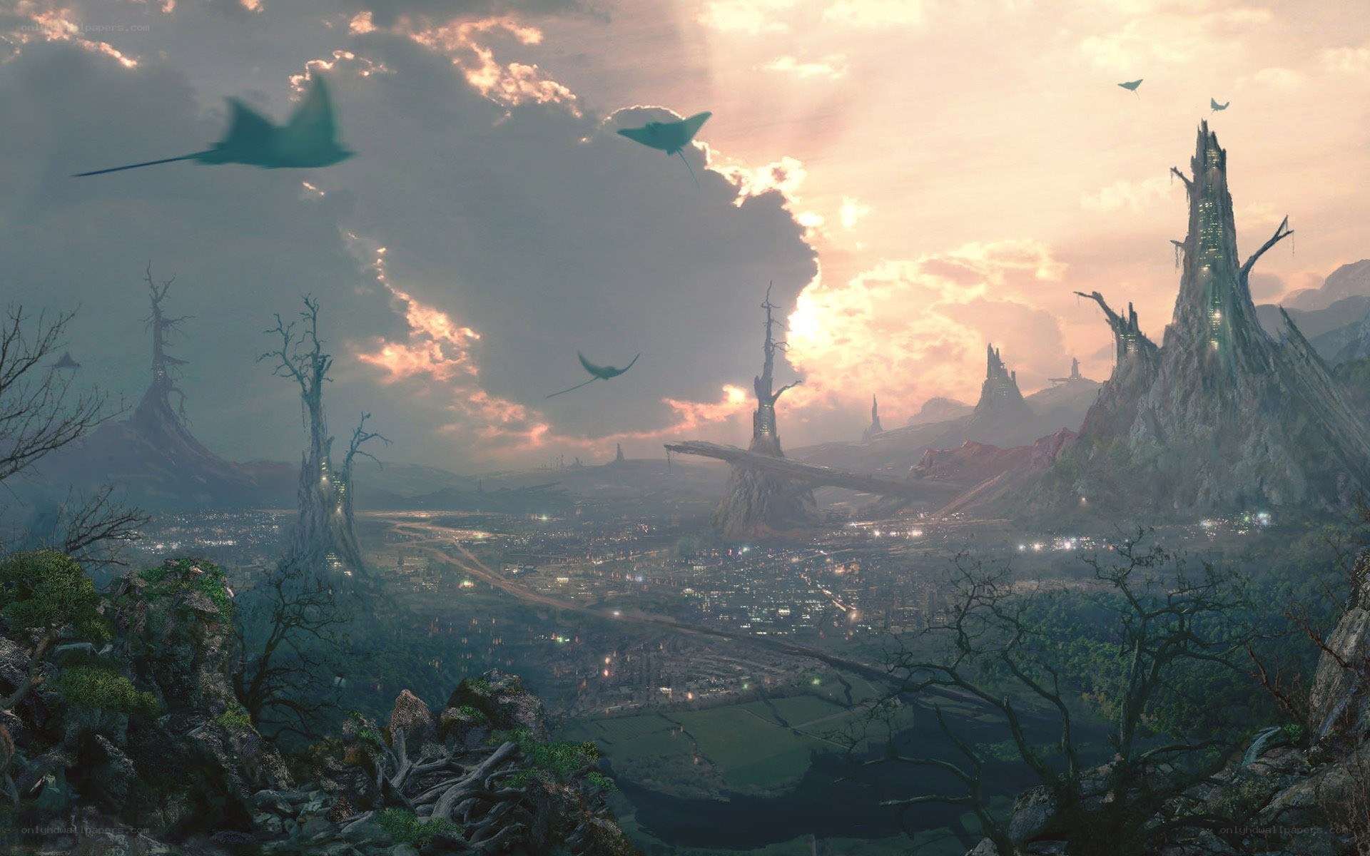 alien city at sunset