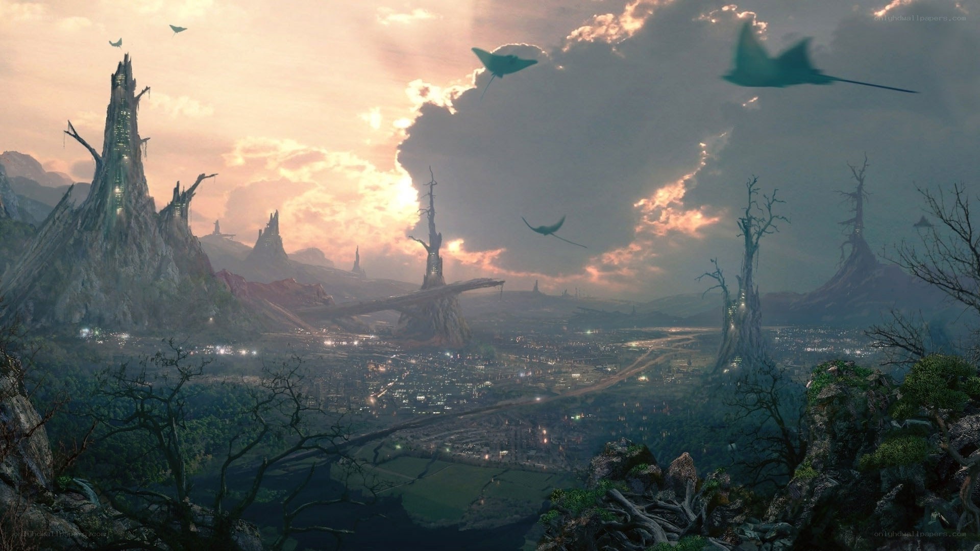 alien city at sunset