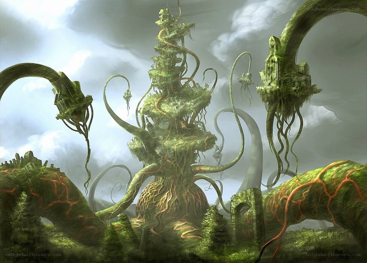 alien city overgrown with vines