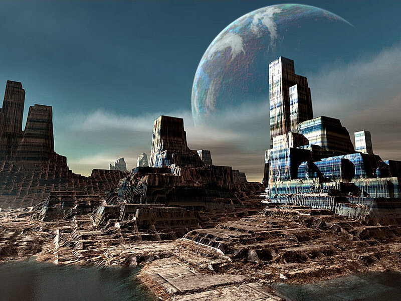 Alien Cityscape with Planet