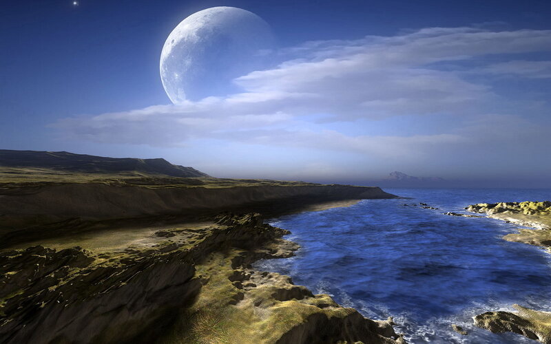 Alien Coastline with Large Moon