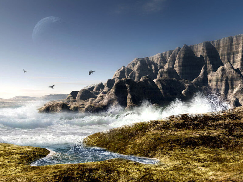 alien coastline with moon