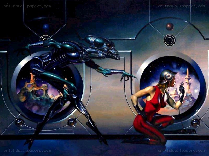 Alien confronts human in spaceship