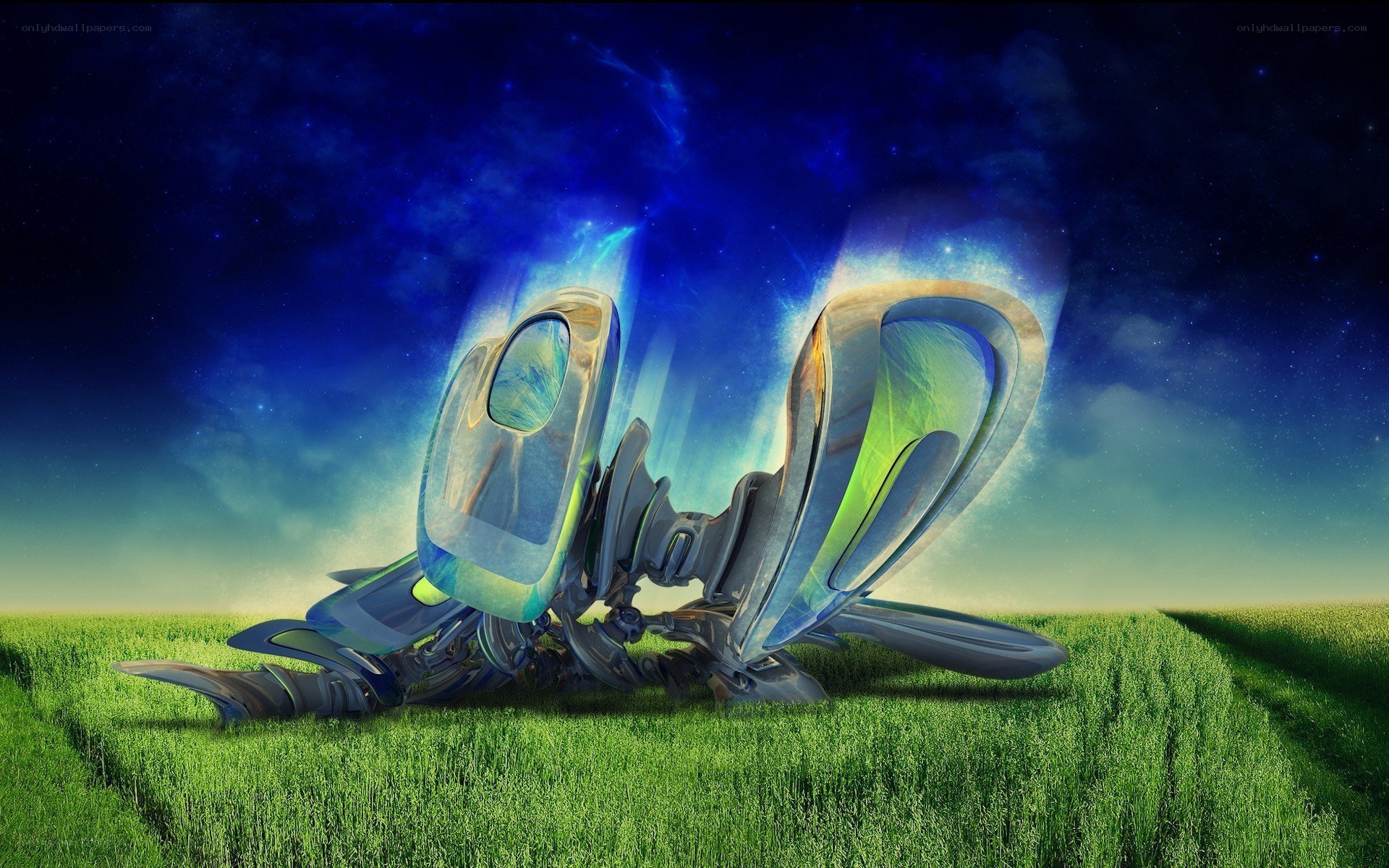 alien craft in a green field
