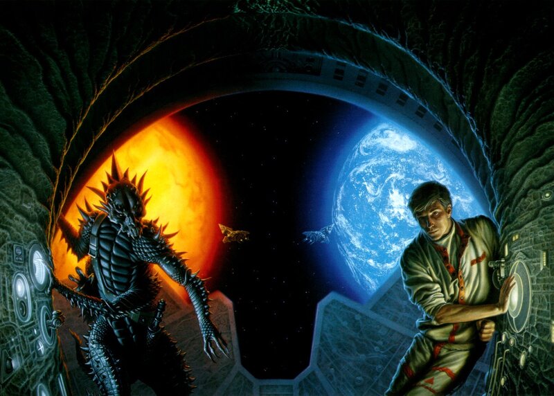 Alien creature and human in space